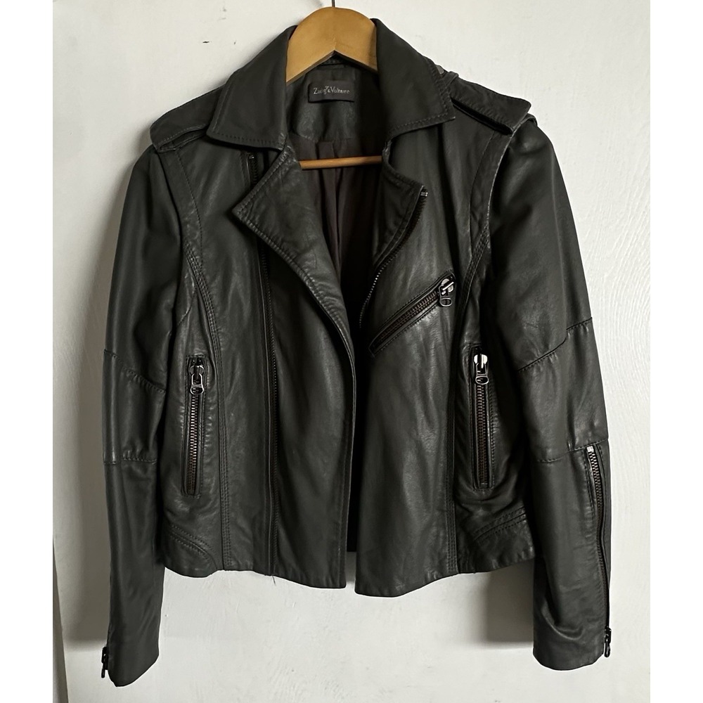 Zadig‎ & Voltaire Perfia Lambskin Leather Biker Jacket Grey Women's Size M Moto